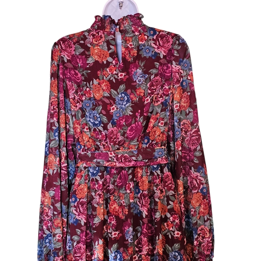 AURA Floral Maxi Dress Burgundy Boho Mock Neck Lantern Sleeve Tiered Belted L - Picture 7 of 11
